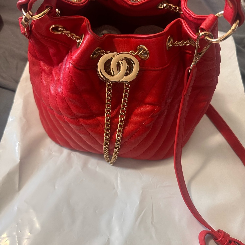 Red Quilted Chain Bucket Bag